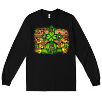 Black Western Shamrock Cross Leopard Background Long Sleeve Tee - Artiststas
