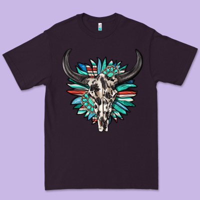 Premium Tee western bull skull with sunflower and gemstone