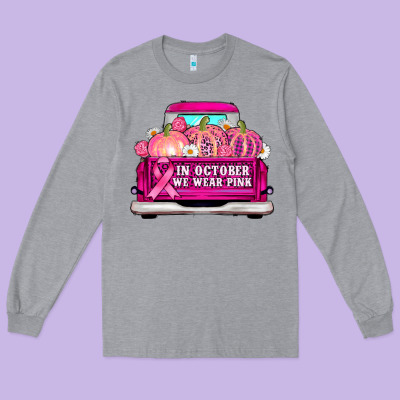 Truck In October We Wear Pink Long Sleeve Tee Designed By Adodesignshop