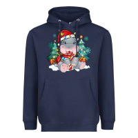 Navy cute christmas hippopotamus Heavyweight Hoodie - MaliasSmallBusiness
