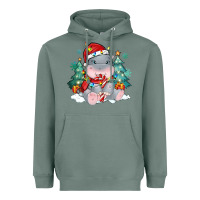 Sage cute christmas hippopotamus Heavyweight Hoodie - MaliasSmallBusiness