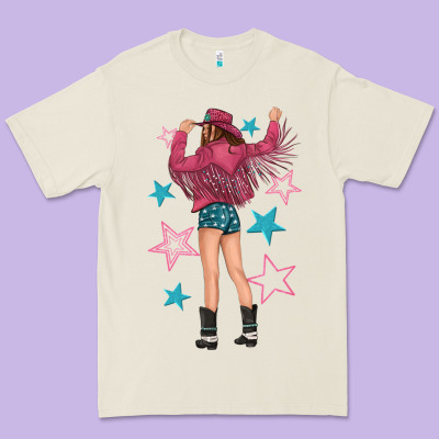Premium Tee western pink with stars and cowgirl