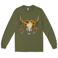 Army Green bull skull sunflowers and feathers Long Sleeve Tee - AdoDesignShop