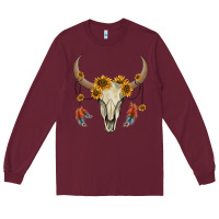 Burgundy bull skull sunflowers and feathers Long Sleeve Tee - AdoDesignShop