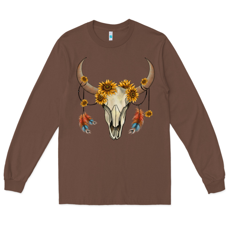 Bull Skull Sunflowers And Feathers Long Sleeve Tee by AdoDesignShop | Teevron