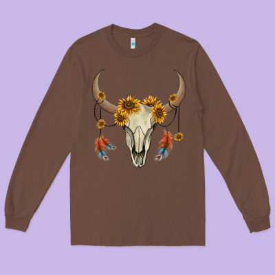Bull Skull Sunflowers And Feathers Long Sleeve Tee Designed By Adodesignshop