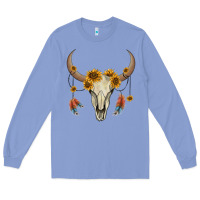 Colony Blue bull skull sunflowers and feathers Long Sleeve Tee - AdoDesignShop