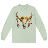 Matcha bull skull sunflowers and feathers Long Sleeve Tee - AdoDesignShop