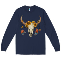 Navy bull skull sunflowers and feathers Long Sleeve Tee - AdoDesignShop