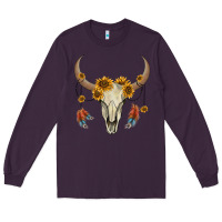 Plum bull skull sunflowers and feathers Long Sleeve Tee - AdoDesignShop