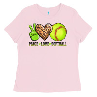 Bubblegum Pink peace love softball Ladies Tee - AdoDesignShop