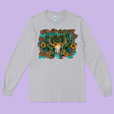 Leopard Bull Skull Cactus Sunflowers Long Sleeve Tee Designed By Adodesignshop
