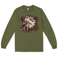 Army Green İndian Headress Cowhide Long Sleeve Tee - AdoDesignShop