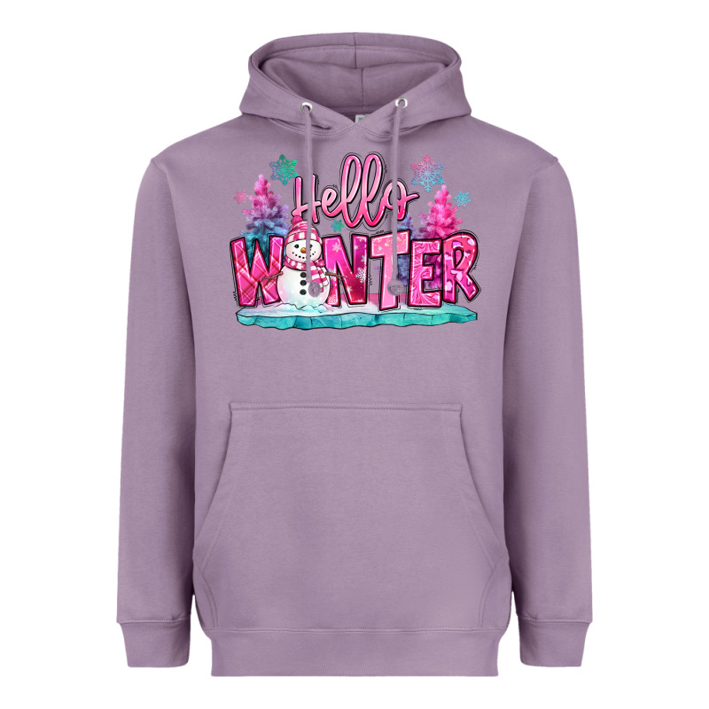 Hello Winter Pink Snowman Heavyweight Hoodie by MaliasSmallBusiness | Teevron