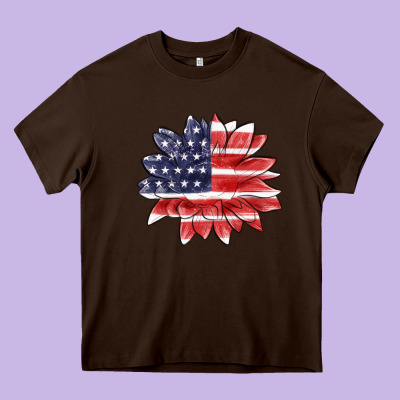 American Flag Sunflower Heavy Core Tee Designed By Maliassmallbusiness