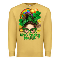 Antique Gold St. Patrick Messy Bun One Luck Mama With Clover Premium Sweatshirt - BundleAndBundleShop