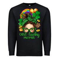 Black St. Patrick Messy Bun One Luck Mama With Clover Premium Sweatshirt - BundleAndBundleShop