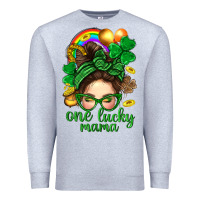Heather Grey St. Patrick Messy Bun One Luck Mama With Clover Premium Sweatshirt - BundleAndBundleShop