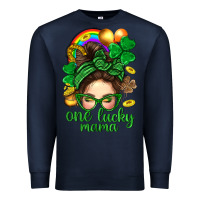 Navy St. Patrick Messy Bun One Luck Mama With Clover Premium Sweatshirt - BundleAndBundleShop