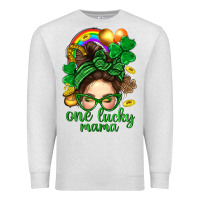 Oatmeal Heather St. Patrick Messy Bun One Luck Mama With Clover Premium Sweatshirt - BundleAndBundleShop