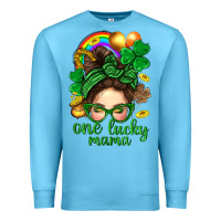Ocean Blue St. Patrick Messy Bun One Luck Mama With Clover Premium Sweatshirt - BundleAndBundleShop