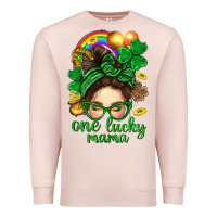 Pale Pink St. Patrick Messy Bun One Luck Mama With Clover Premium Sweatshirt - BundleAndBundleShop