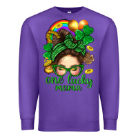 Purple St. Patrick Messy Bun One Luck Mama With Clover Premium Sweatshirt - BundleAndBundleShop