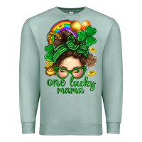 Seafoam St. Patrick Messy Bun One Luck Mama With Clover Premium Sweatshirt - BundleAndBundleShop