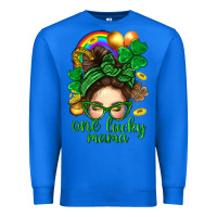 True Royal St. Patrick Messy Bun One Luck Mama With Clover Premium Sweatshirt - BundleAndBundleShop