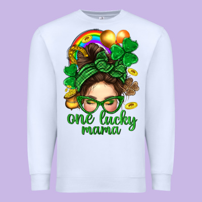 St. Patrick Messy Bun One Luck Mama With Clover Premium Sweatshirt Designed By Bundleandbundleshop