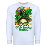 White St. Patrick Messy Bun One Luck Mama With Clover Premium Sweatshirt - BundleAndBundleShop