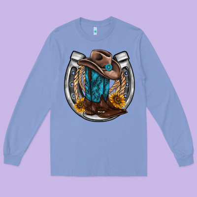 Western Horseshoe Boots Hat Rope Sunflower Long Sleeve Tee Designed By Adodesignshop