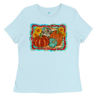 Baby Blue pumpkin sunflower Ladies Tee - AdoDesignShop