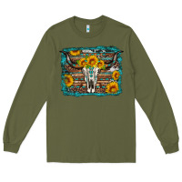 Army Green longhorn bull skull western turquoise background Long Sleeve Tee - Artiststas