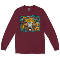 Burgundy longhorn bull skull western turquoise background Long Sleeve Tee - Artiststas