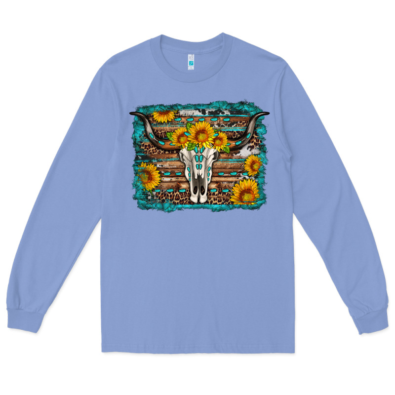 Longhorn Bull Skull Western Turquoise Background Long Sleeve Tee by Artiststas | Teevron