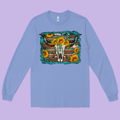 Longhorn Bull Skull Western Turquoise Background Long Sleeve Tee Designed By Artiststas