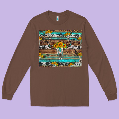 Longhorn Bull Skull Cowhide Leopard Turquoise Long Sleeve Tee Designed By Artiststas