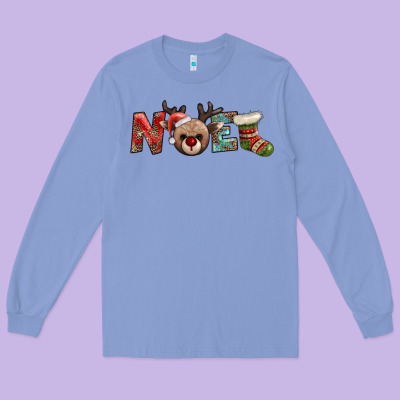 Noel With Sock And Reindeer Long Sleeve Tee Designed By Adodesignshop