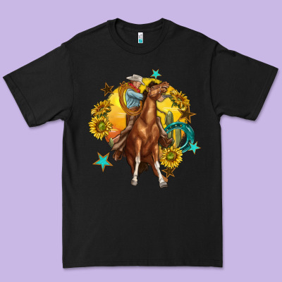 Premium Tee bucking horse with cowboy and sunflower