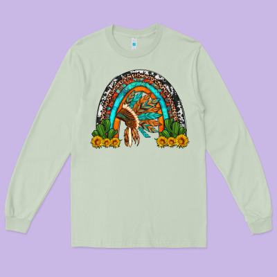 Indian Headdress Cactus And Sunflowers Rainbow Long Sleeve Tee Designed By Artiststas