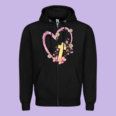 Heart Cross Zipper Hoodie Designed By Maliassmallbusiness