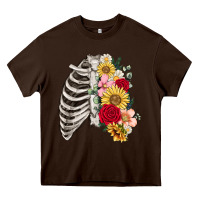 Chocolate Brown floral ribcage Heavy Core Tee - MaliasSmallBusiness