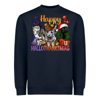 Navy Happy Hallothanksmas Cats Heavyweight Sweatshirt - BundleAndBundleShop