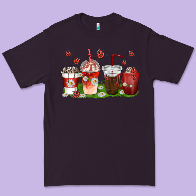 Premium Tee coffee cups lady bug with daisies