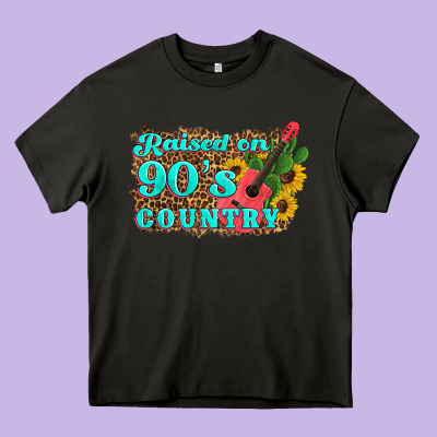 Raised 90's Country Guitar Cactus Sunflower's Heavy Core Tee Designed By Artiststas