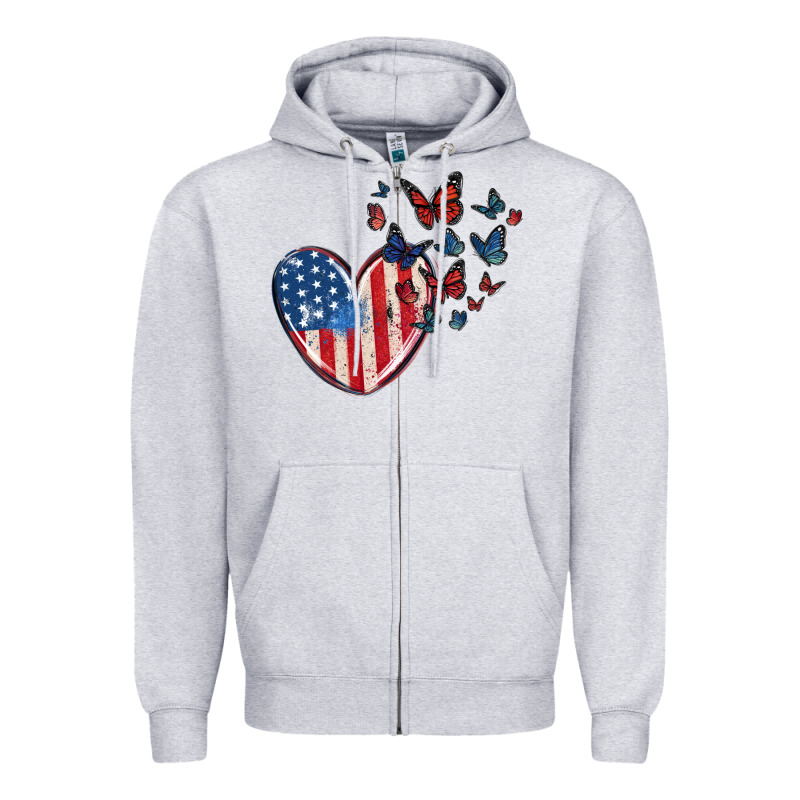 4th Of July American Flag Heart Butterfly Zipper Hoodie by MaliasSmallBusiness | Teevron