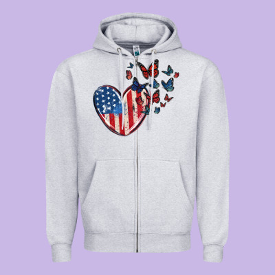 4th Of July American Flag Heart Butterfly Zipper Hoodie Designed By Maliassmallbusiness