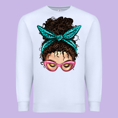 Messy Curly Bun Mom With Leopard Bandana Premium Sweatshirt Designed By Bundleandbundleshop