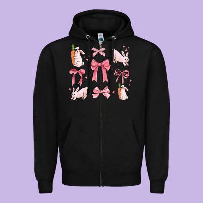 Pink Ribbons With Rabbits Zipper Hoodie Designed By Maliassmallbusiness